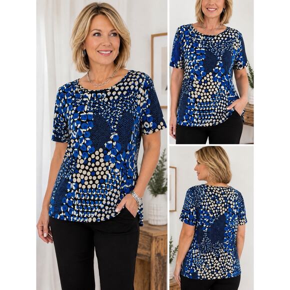 Chico’s Tops - Chico’s Size XL Women’s Blue Black Abstract Dot Print Stretch Top Short Sleeve